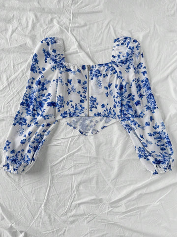 Romantic Casual Vacation Rose Floral Asymmetrical Hem & Lantern Sleeve Women's Blouse