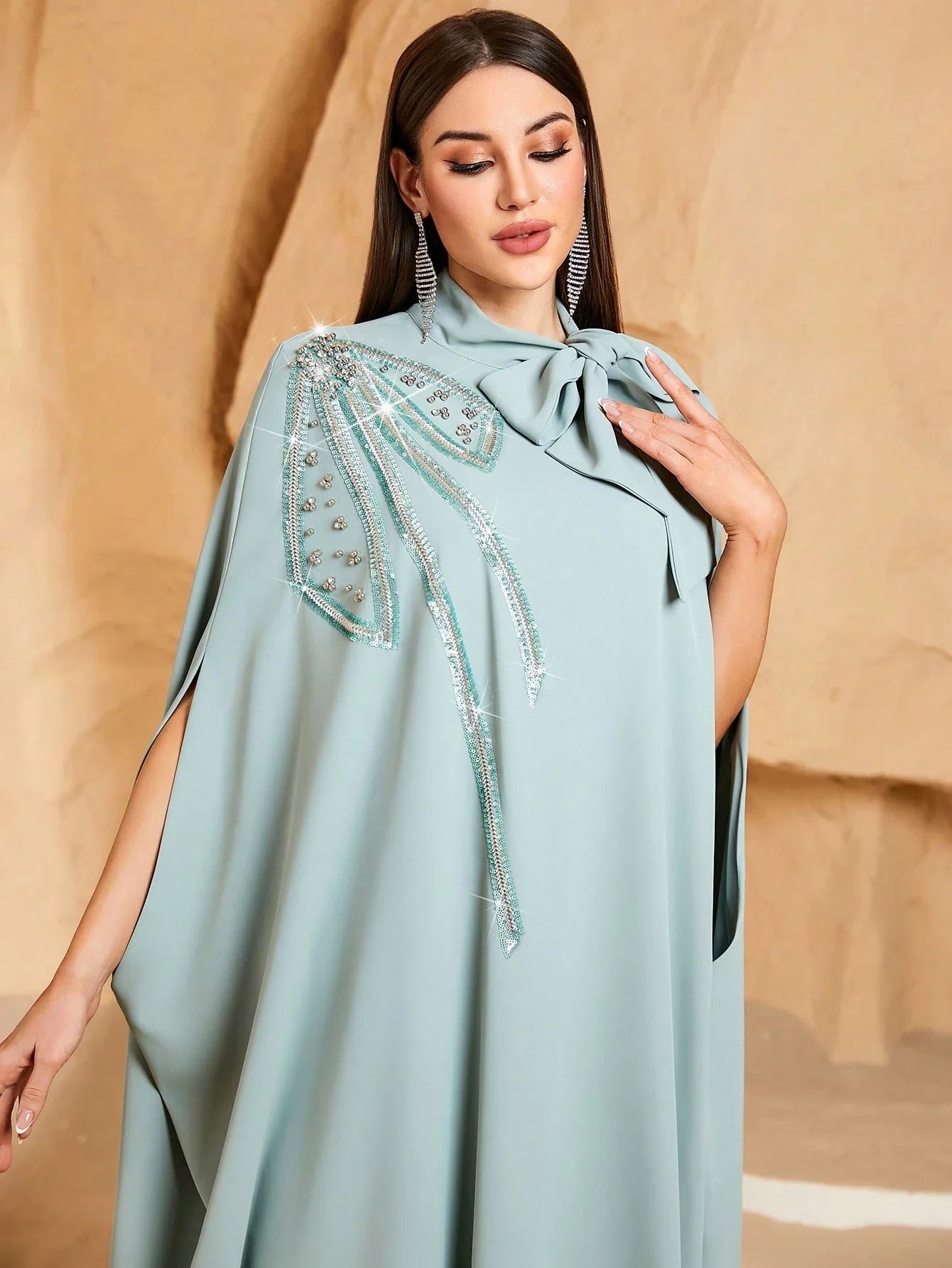 Women's Solid Color Tie Collar Elegant Arabic Abaya Robe With Beaded Embroidery shein