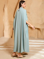 Women's Solid Color Tie Collar Elegant Arabic Abaya Robe With Beaded Embroidery shein