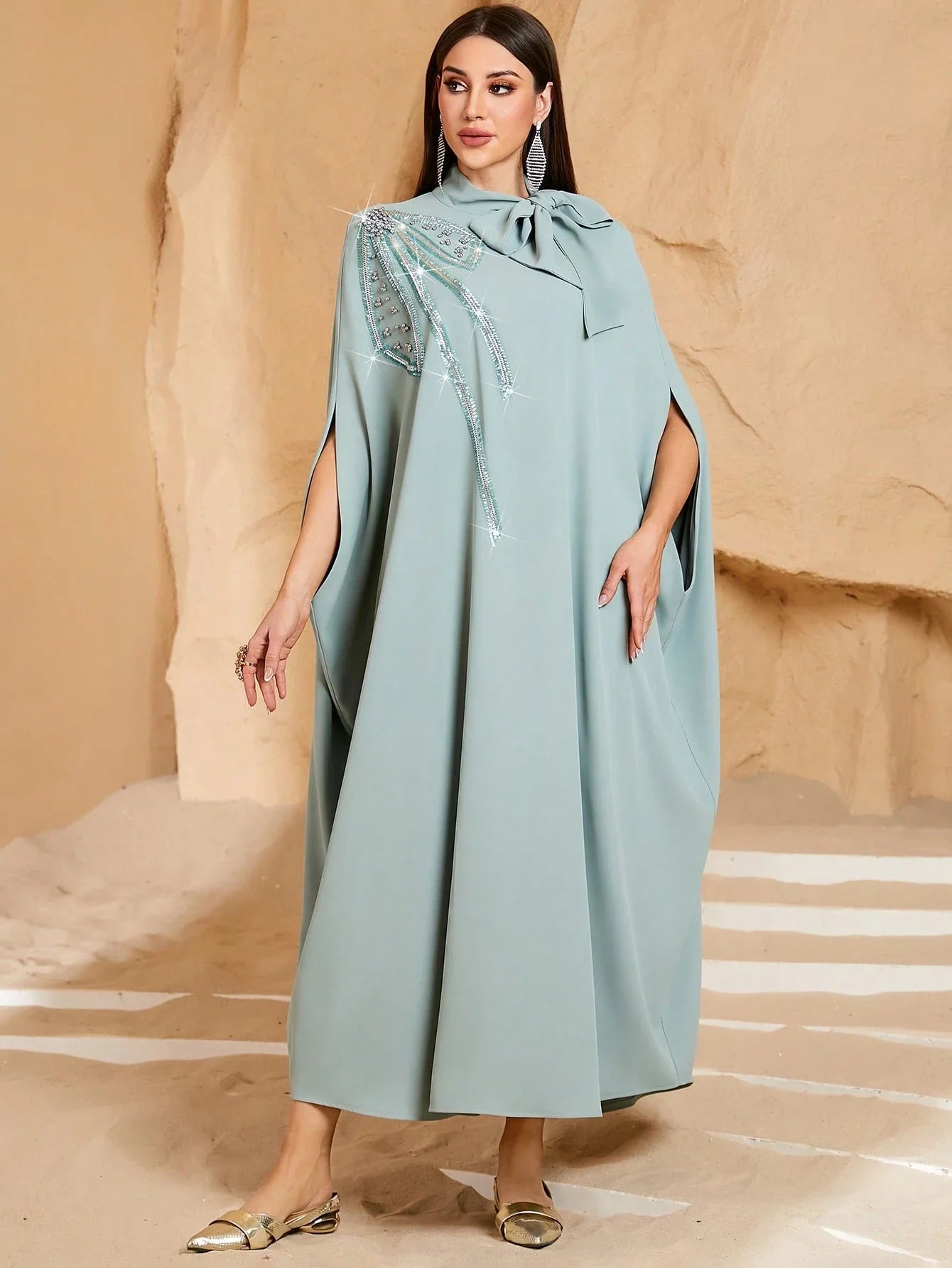 Women's Solid Color Tie Collar Elegant Arabic Abaya Robe With Beaded Embroidery shein