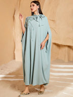 Women's Solid Color Tie Collar Elegant Arabic Abaya Robe With Beaded Embroidery shein