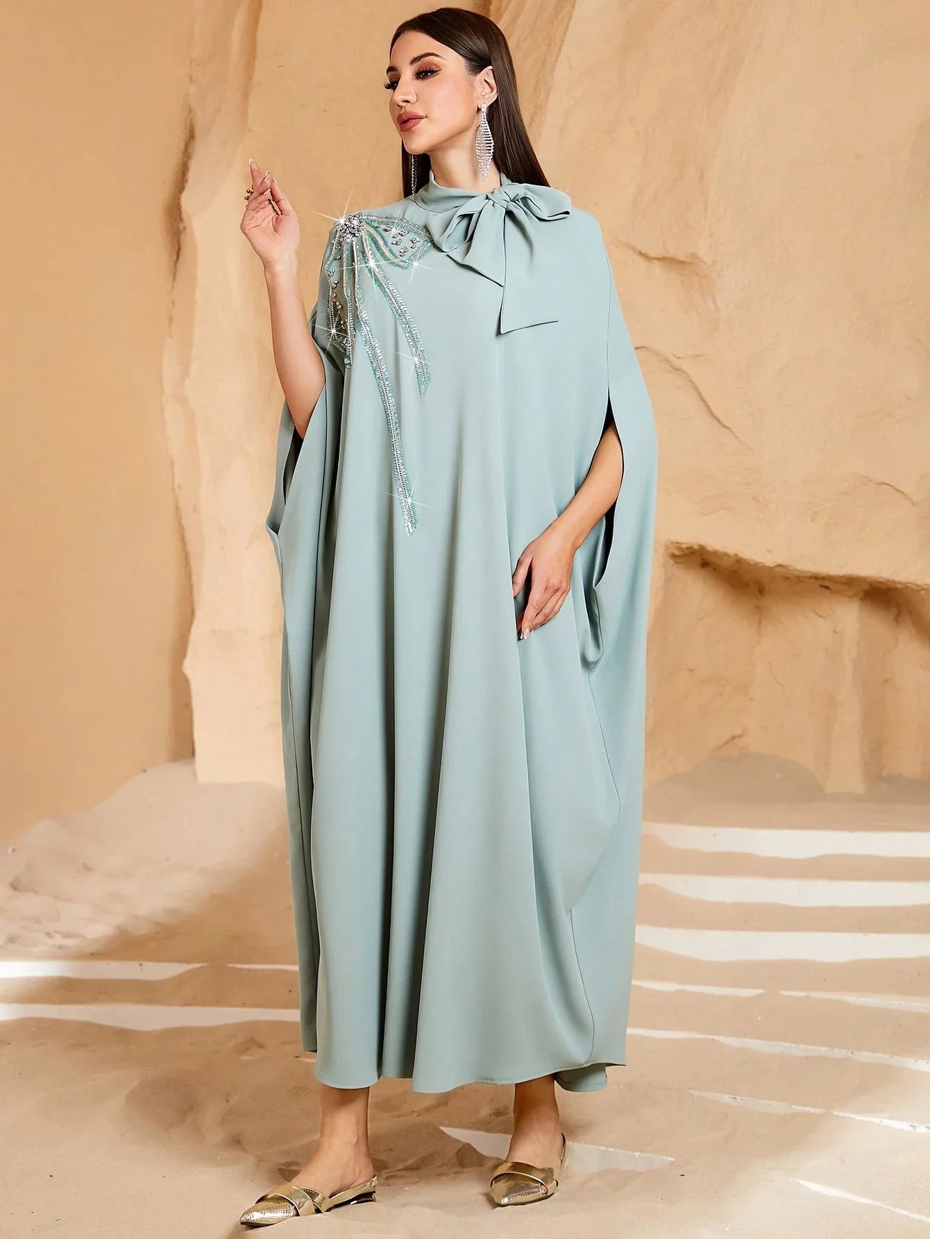 Women's Solid Color Tie Collar Elegant Arabic Abaya Robe With Beaded Embroidery shein