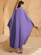 Women's Solid Color Tie Collar Elegant Arabic Abaya Robe With Beaded Embroidery shein