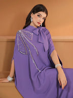 Women's Solid Color Tie Collar Elegant Arabic Abaya Robe With Beaded Embroidery shein
