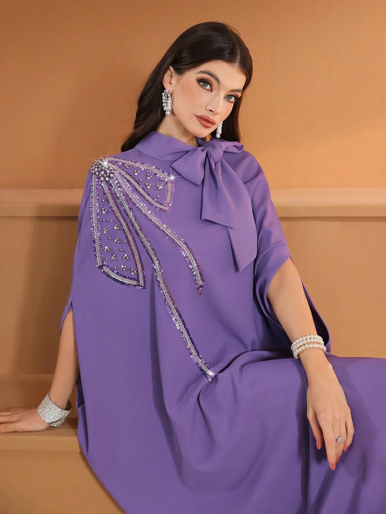 Women's Solid Color Tie Collar Elegant Arabic Abaya Robe With Beaded Embroidery shein