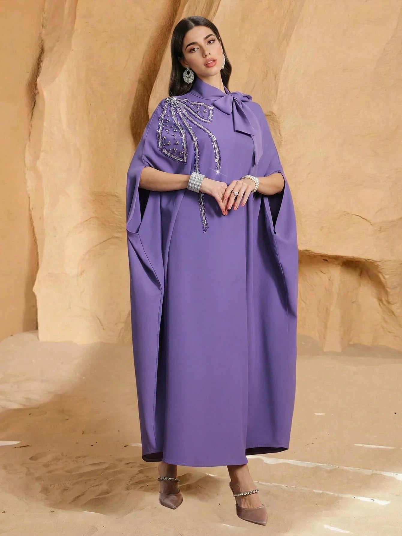 Women's Solid Color Tie Collar Elegant Arabic Abaya Robe With Beaded Embroidery shein