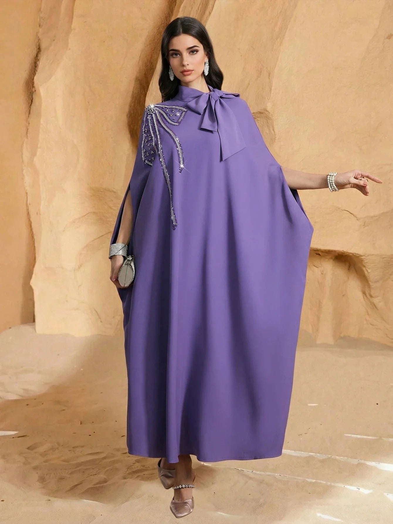 Women's Solid Color Tie Collar Elegant Arabic Abaya Robe With Beaded Embroidery shein