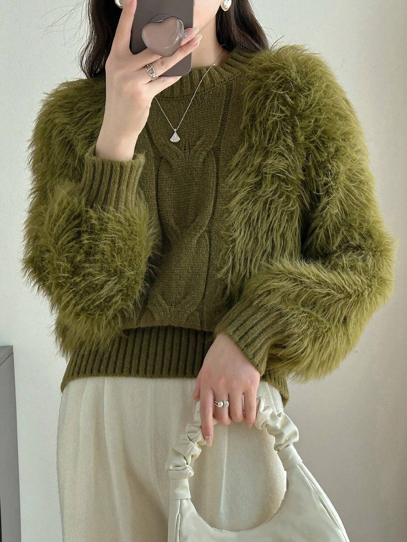 Solid Cable Knit Fuzzy Sweater shein