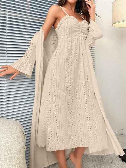 Solid Cami Nightdress & Ruched Frill Trim Robe shein