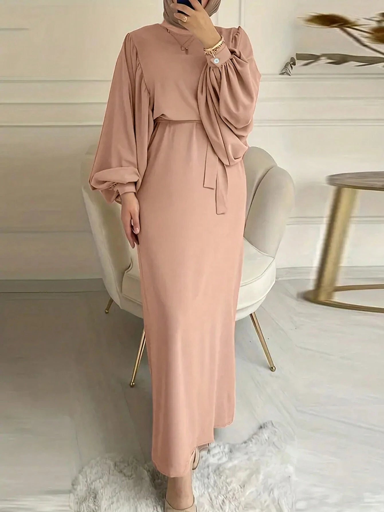 Solid Color Lantern Sleeve Waist Cinched Dress shein