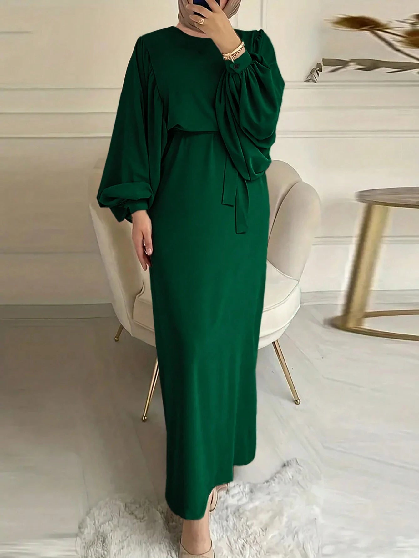 Solid Color Lantern Sleeve Waist Cinched Dress shein