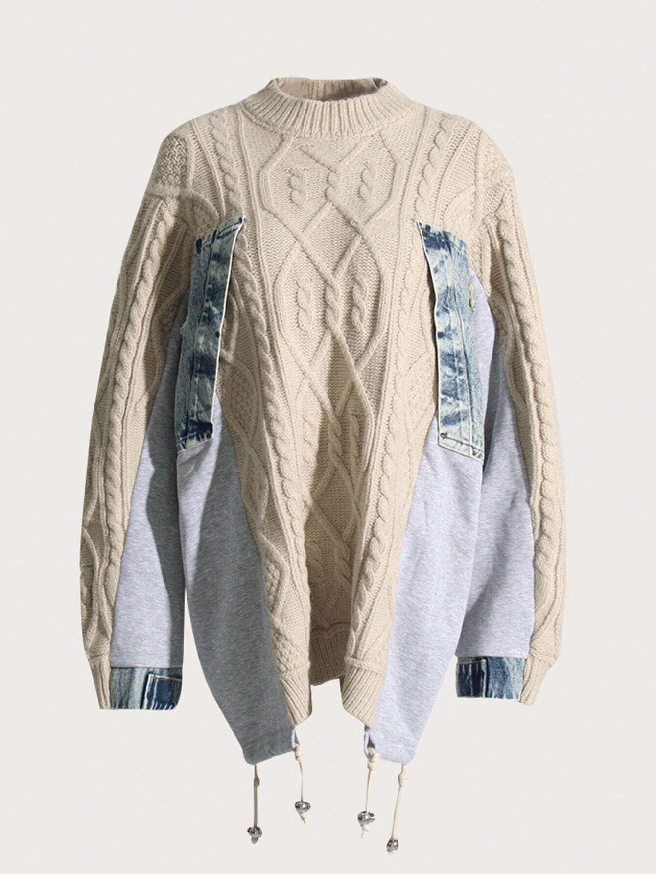 Spliced Denim With Rope Knit Sweater shein