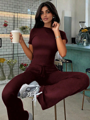 Women's Fashionable Navel-Baring Short-Sleeved Tops, Slim-Fitting Lace-Up Flared Pants