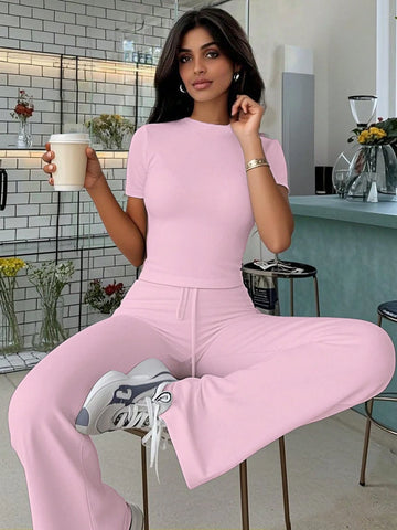 Women's Fashionable Navel-Baring Short-Sleeved Tops, Slim-Fitting Lace-Up Flared Pants