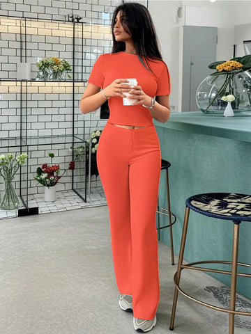 Women's Fashionable Navel-Baring Short-Sleeved Tops, Slim-Fitting Lace-Up Flared Pants