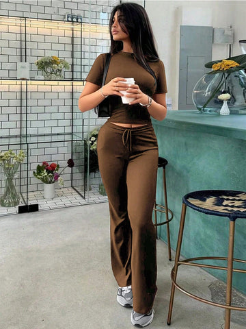 Women's Fashionable Navel-Baring Short-Sleeved Tops, Slim-Fitting Lace-Up Flared Pants