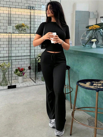 Women's Fashionable Navel-Baring Short-Sleeved Tops, Slim-Fitting Lace-Up Flared Pants