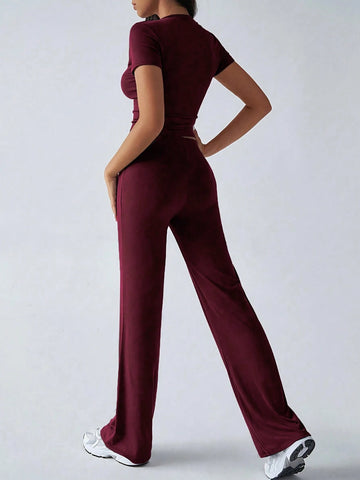 Women's Fashionable Navel-Baring Short-Sleeved Tops, Slim-Fitting Lace-Up Flared Pants