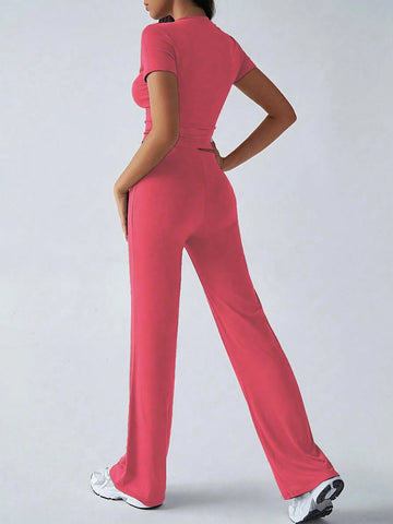 Women's Fashionable Navel-Baring Short-Sleeved Tops, Slim-Fitting Lace-Up Flared Pants