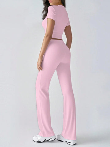 Women's Fashionable Navel-Baring Short-Sleeved Tops, Slim-Fitting Lace-Up Flared Pants