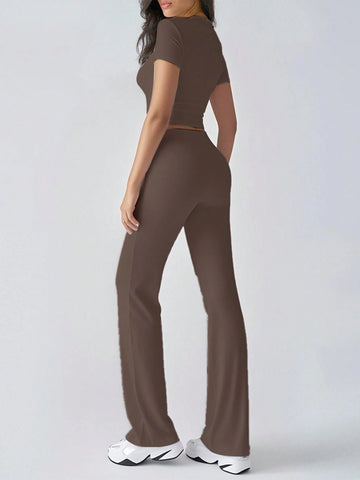 Women's Fashionable Navel-Baring Short-Sleeved Tops, Slim-Fitting Lace-Up Flared Pants