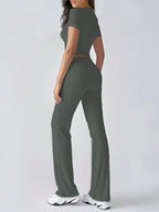 Women's Fashionable Navel-Baring Short-Sleeved Tops, Slim-Fitting Lace-Up Flared Pants shein