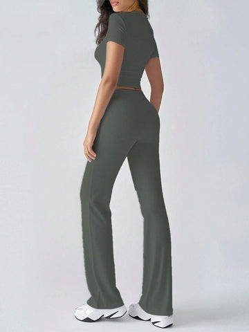 Women's Fashionable Navel-Baring Short-Sleeved Tops, Slim-Fitting Lace-Up Flared Pants