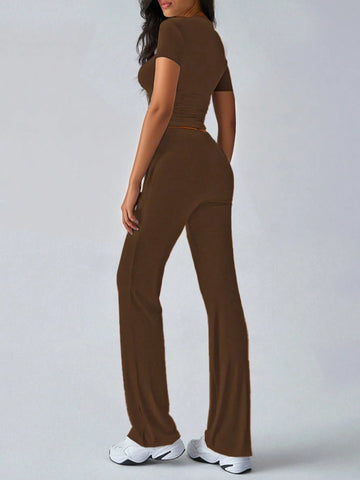 Women's Fashionable Navel-Baring Short-Sleeved Tops, Slim-Fitting Lace-Up Flared Pants