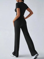 Women's Fashionable Navel-Baring Short-Sleeved Tops, Slim-Fitting Lace-Up Flared Pants shein