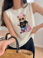 Round Neck Women Vest Teddy Bear Wearing Baseball-Cap T-Shirt shein