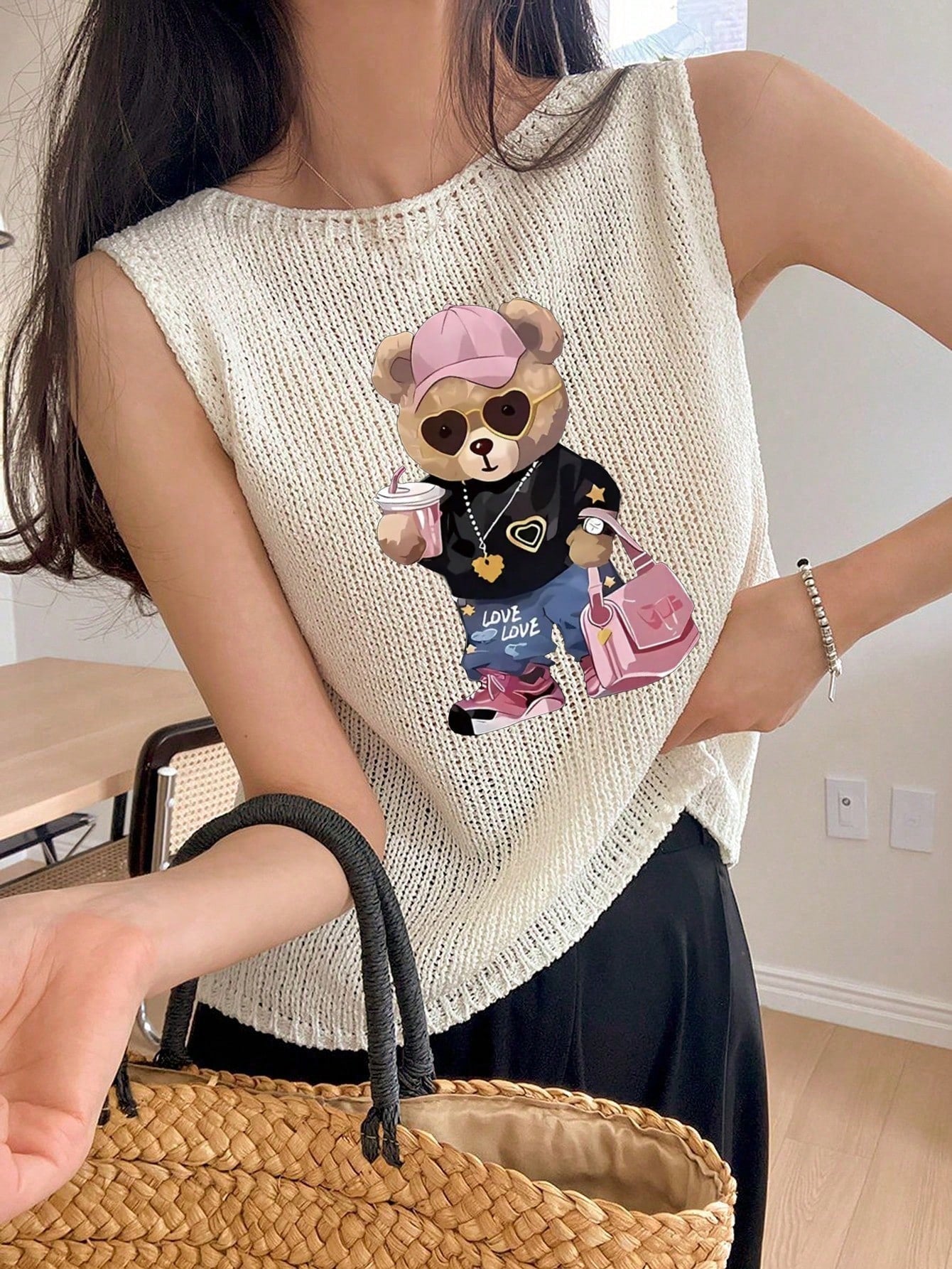 Round Neck Women Vest Teddy Bear Wearing Baseball-Cap T-Shirt shein