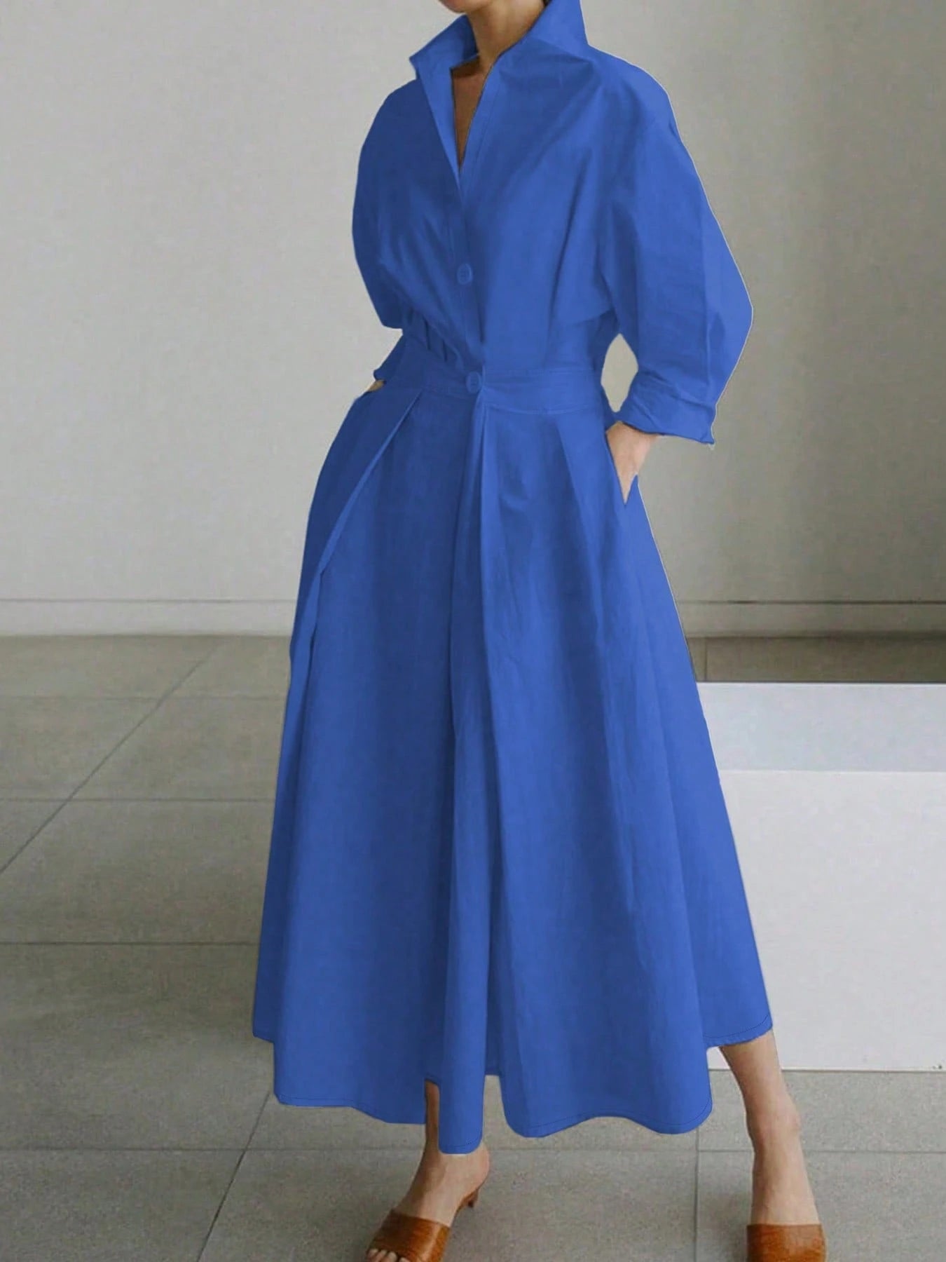 Solid Color Commuter Fashion V-Neck Waist Waist Large Swing Buttons shein