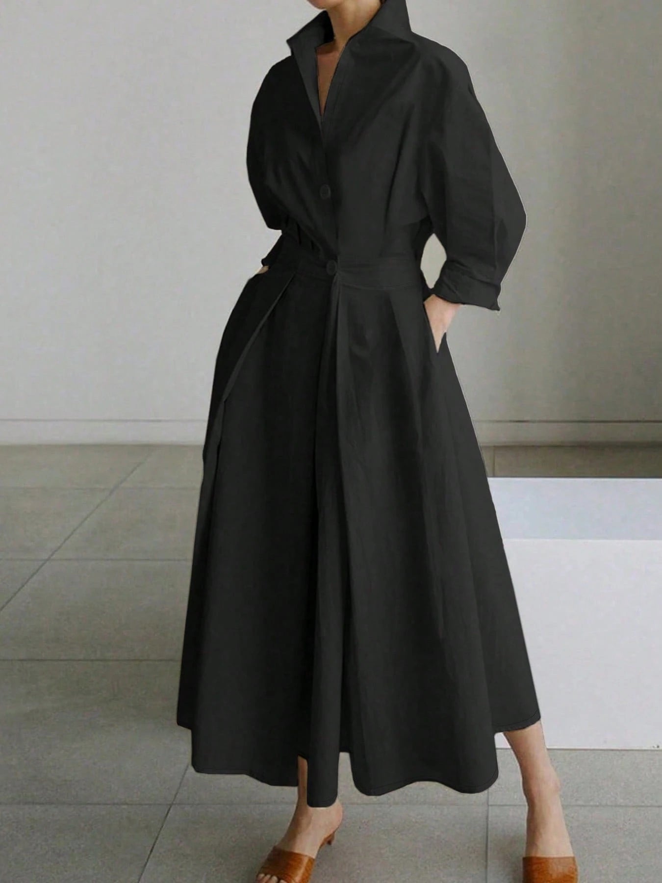 Solid Color Commuter Fashion V-Neck Waist Waist Large Swing Buttons shein