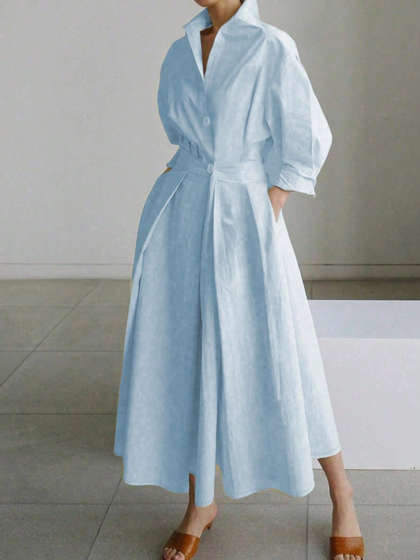 Solid Color Commuter Fashion V-Neck Waist Waist Large Swing Buttons shein