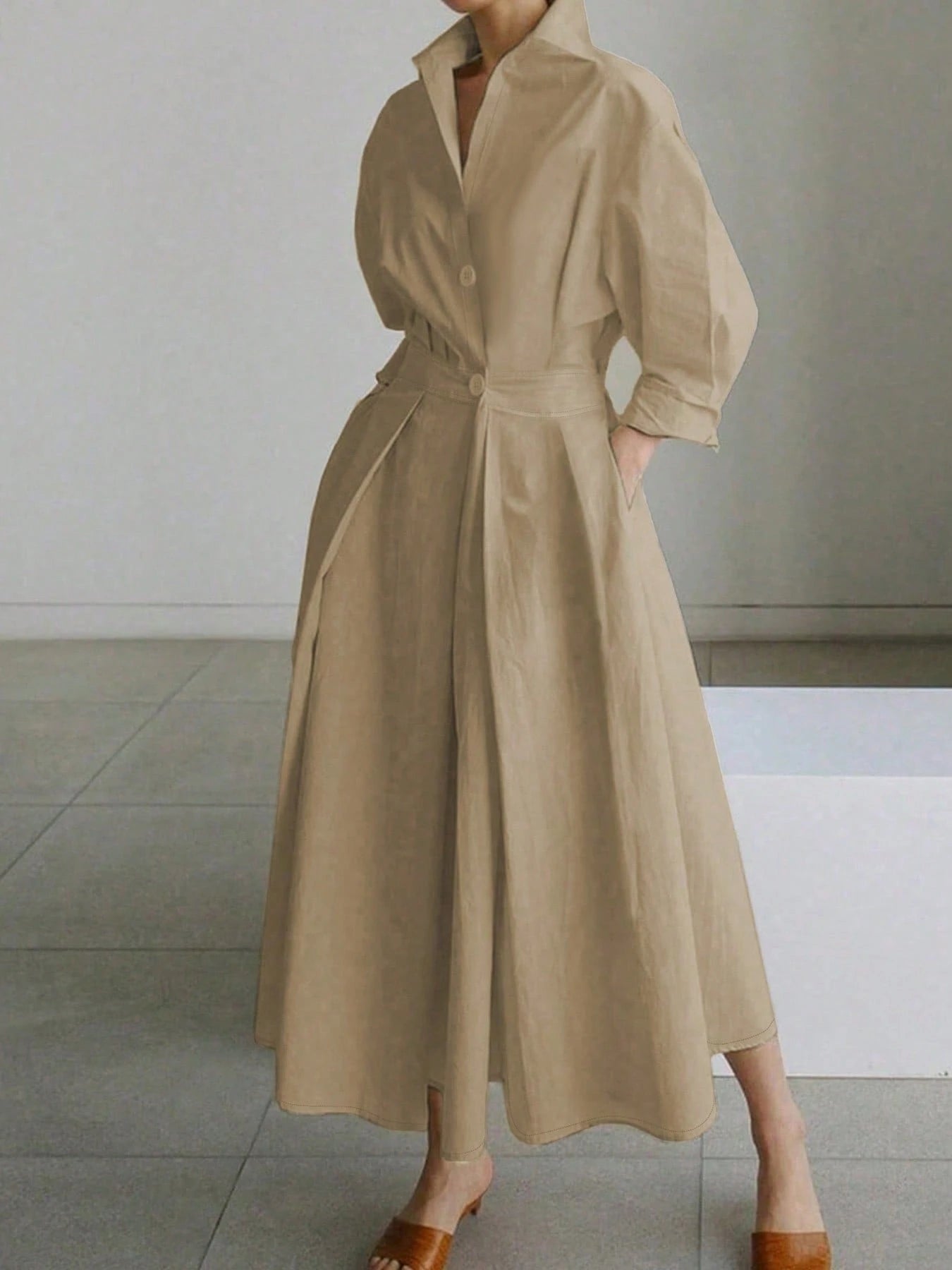 Solid Color Commuter Fashion V-Neck Waist Waist Large Swing Buttons shein