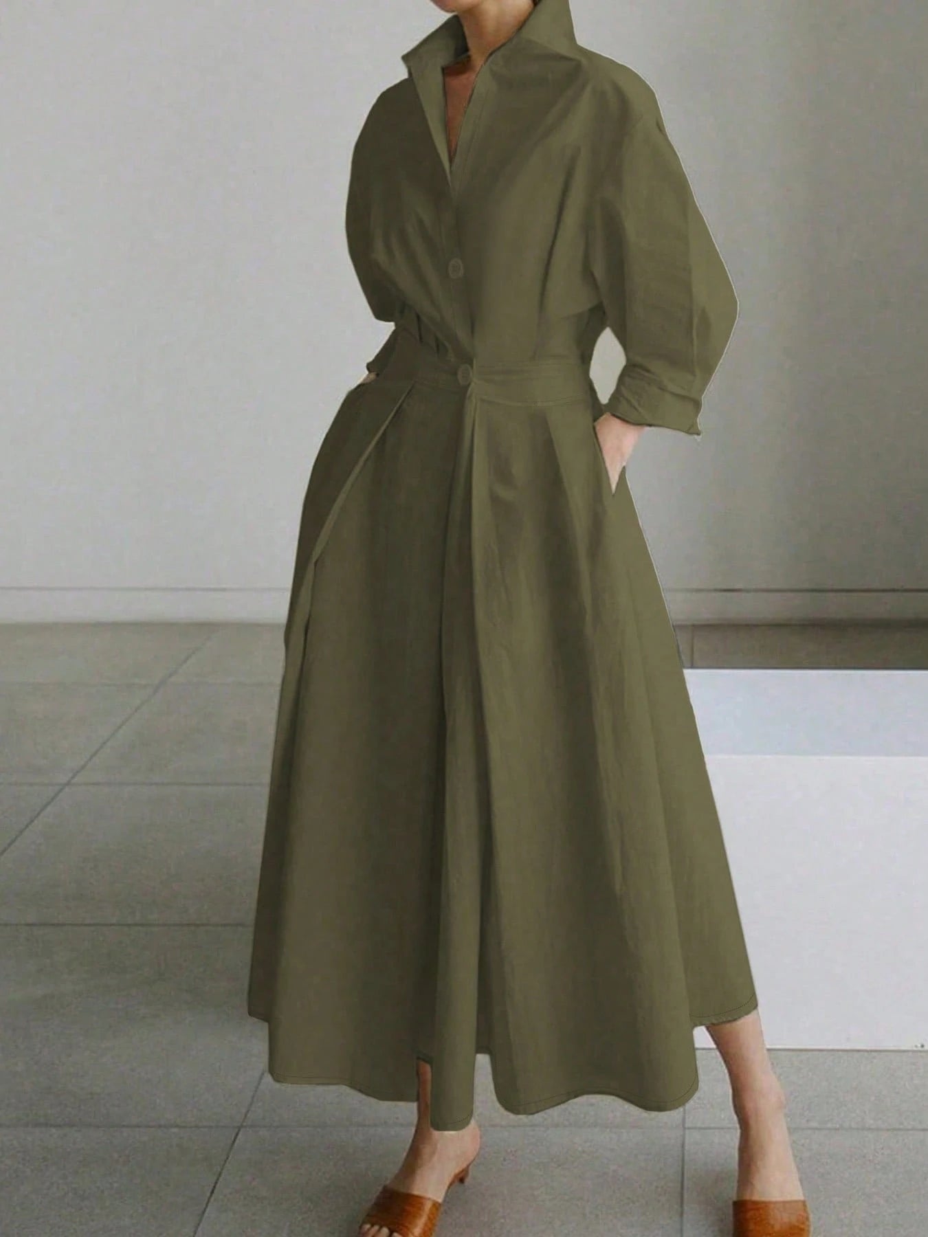 Solid Color Commuter Fashion V-Neck Waist Waist Large Swing Buttons shein