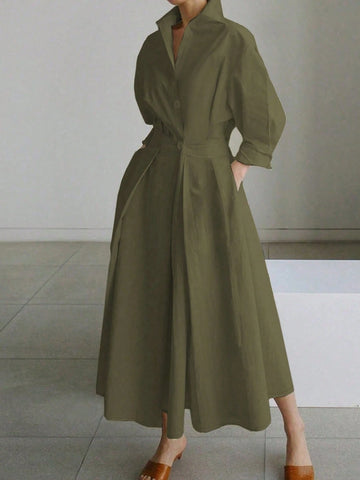 Solid Color Commuter Fashion V-Neck Waist Waist Large Swing Buttons