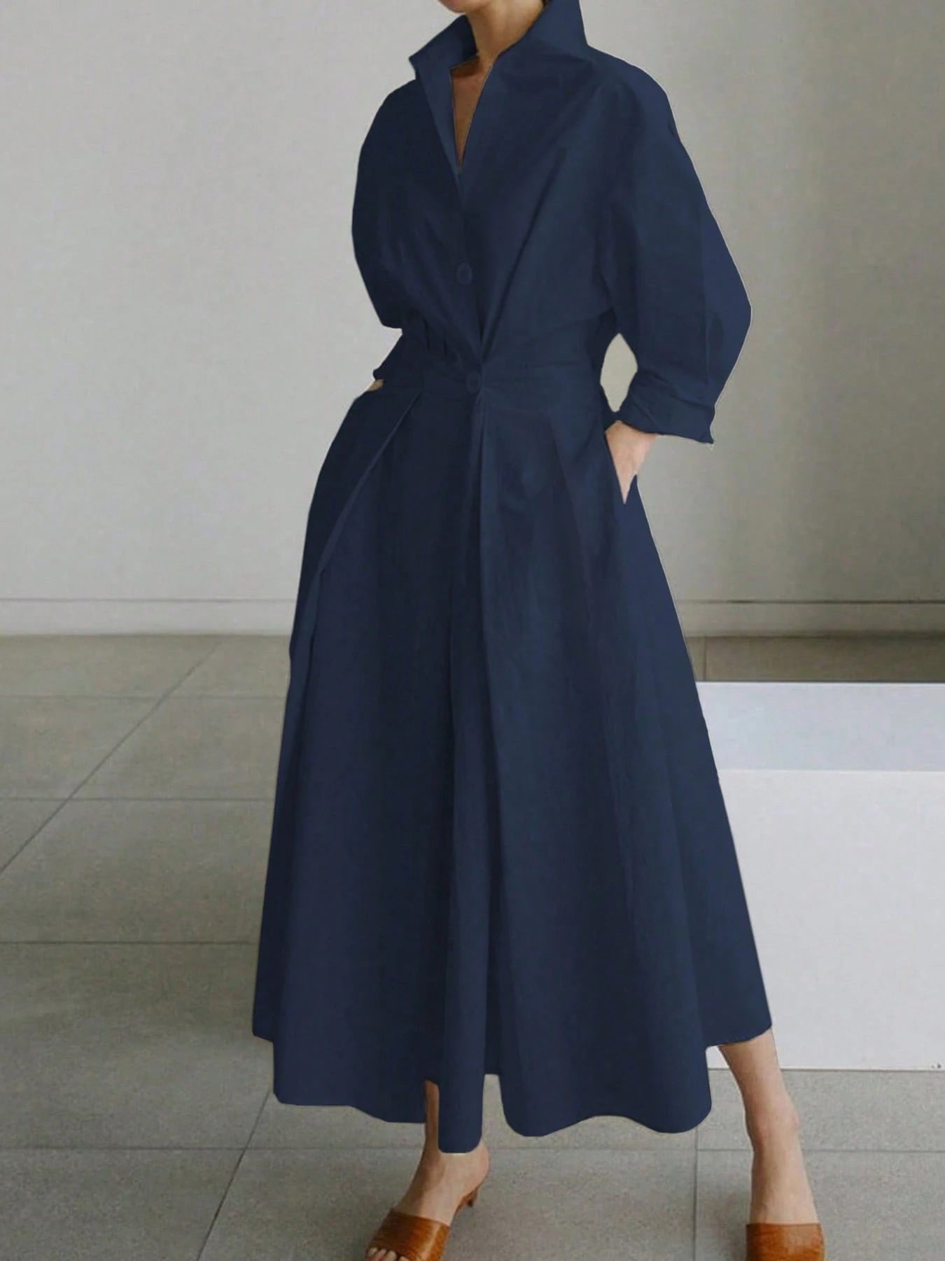 Solid Color Commuter Fashion V-Neck Waist Waist Large Swing Buttons shein