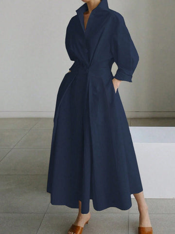 Solid Color Commuter Fashion V-Neck Waist Waist Large Swing Buttons