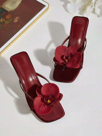 Square Toe Satin Floral Thong Strappy High Heel Sandals