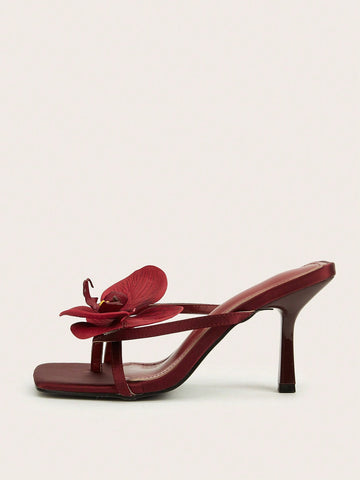 Square Toe Satin Floral Thong Strappy High Heel Sandals