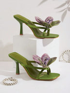 Travel & Beach Green Satin Flower Decor Open Toe Stiletto High Heel Sandals shein