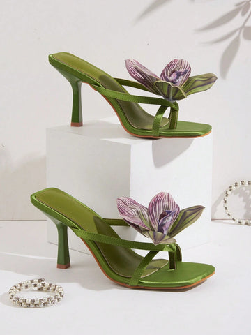 Square Toe Satin Floral Thong Strappy High Heel Sandals