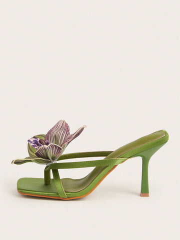 Square Toe Satin Floral Thong Strappy High Heel Sandals