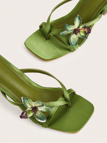 Square Toe Satin Floral Thong Strappy High Heel Sandals