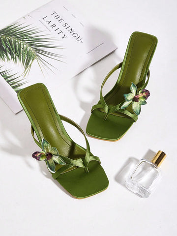 Square Toe Satin Floral Thong Strappy High Heel Sandals