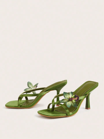 Square Toe Satin Floral Thong Strappy High Heel Sandals