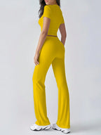 Women's Fashionable Navel-Baring Short-Sleeved Tops, Slim-Fitting Lace-Up Flared Pants shein