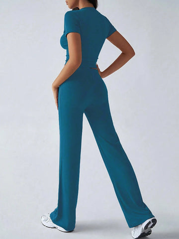 Women's Fashionable Navel-Baring Short-Sleeved Tops, Slim-Fitting Lace-Up Flared Pants