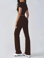 Women's Fashionable Navel-Baring Short-Sleeved Tops, Slim-Fitting Lace-Up Flared Pants shein
